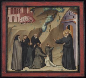 Św. Benedykt przywraca życie młodemu mnichowi, koniec XIV w. (tempera i złoto na płycie)